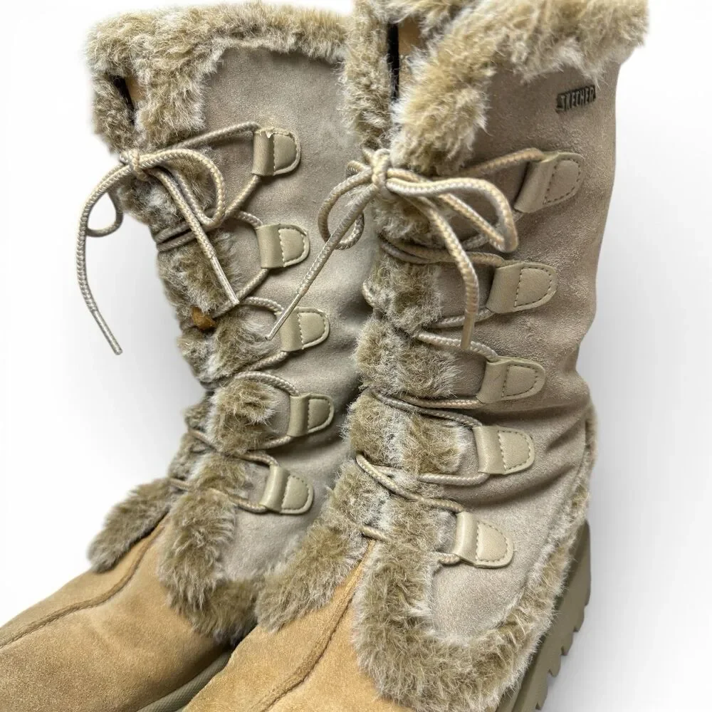 Y2k Skechers Lace Up Chunky Platform Boots Size 8 Faux Fur Suede Trashy Steppers